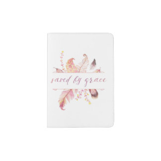 Saved By Grace Passport Cover with pink feathers