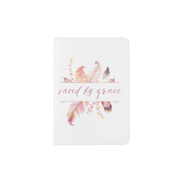 Saved By Grace Passport Cover with pink feathers (Front)