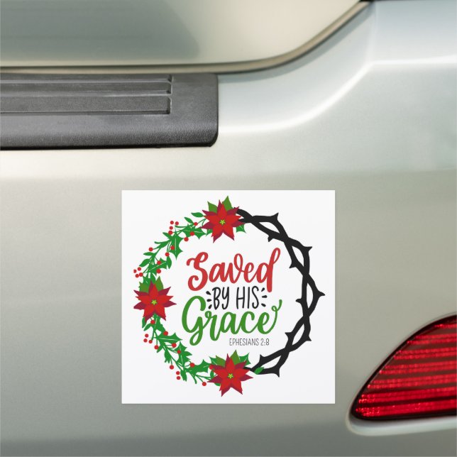 Saved by His Grace Christmas Wreath Car Magnet (In Situ)