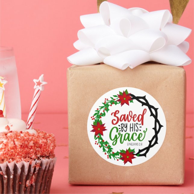 Saved by His Grace Christmas Wreath Classic Round Sticker (Party)