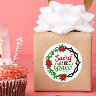 Saved by His Grace Christmas Wreath Classic Round Sticker