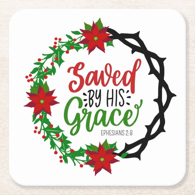 Saved by His Grace Christmas Wreath Square Paper Coaster (Front)