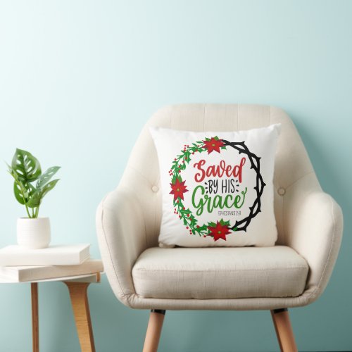 Saved by His Grace Christmas Wreath Throw Pillow