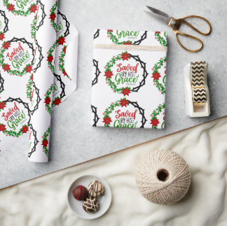 Saved by His Grace Christmas Wreath Wrapping Paper
