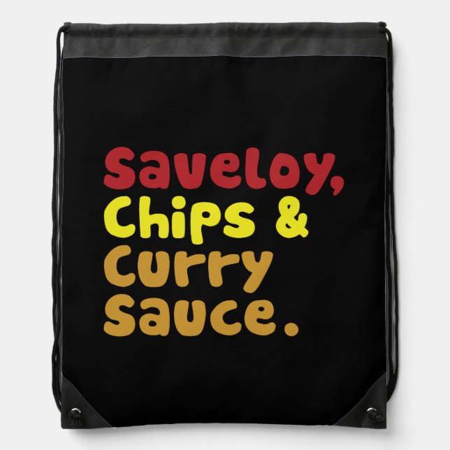 Saveloy, Chips & Curry Sauce. Drawstring Bag (Front)