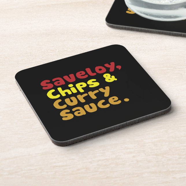 Saveloy, Chips & Curry Sauce. Drink Coaster (Left Side)
