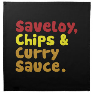 Saveloy, Chips & Curry Sauce. Napkin