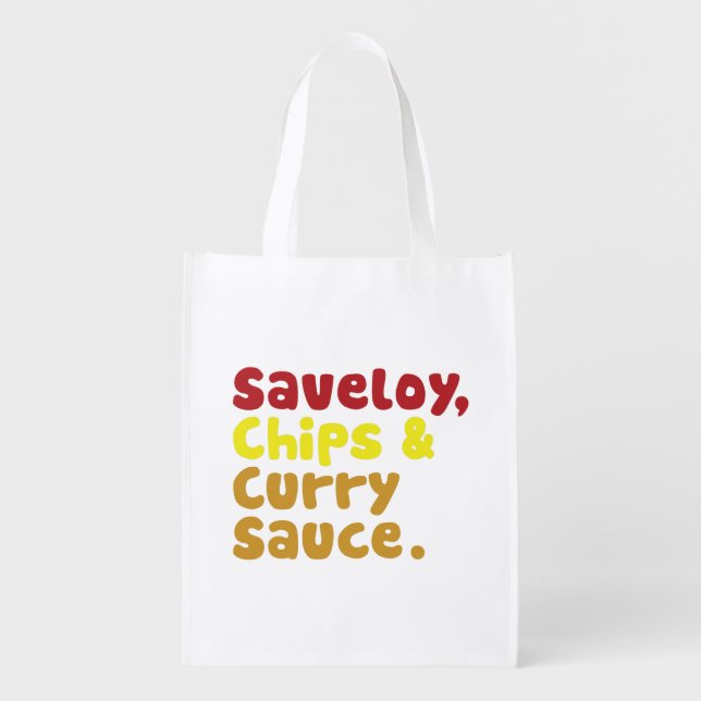 Saveloy, Chips & Curry Sauce. Reusable Grocery Bag (Front)