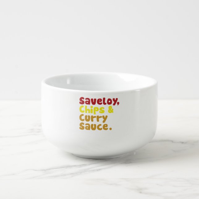 Saveloy, Chips & Curry Sauce. Soup Mug (Front)