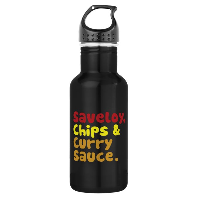 Saveloy, Chips & Curry Sauce. Stainless Steel Water Bottle (Front)