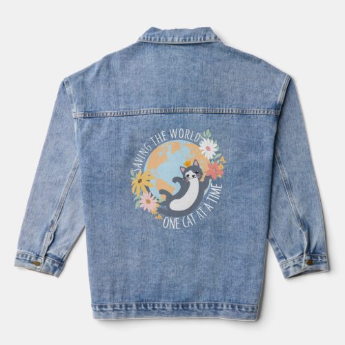 Saving the world one cat at a time cat lover denim jacket
