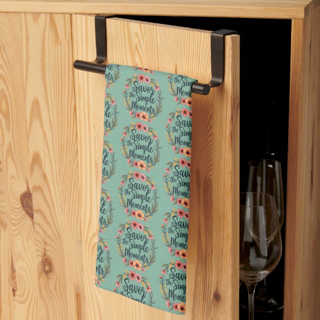 Savor the Simple Moments Boho Floral Quote Kitchen Towel (Thirds Fold)
