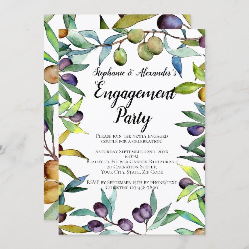 Savory Olives Tuscan Watercolor Engagement Party Invitation