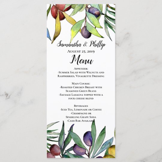 Savory Olives Tuscan Watercolor Wedding Menu