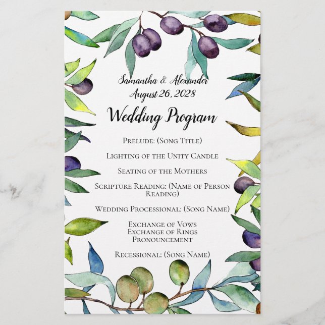Savory Olives Tuscan Watercolor Wedding Program (Front)