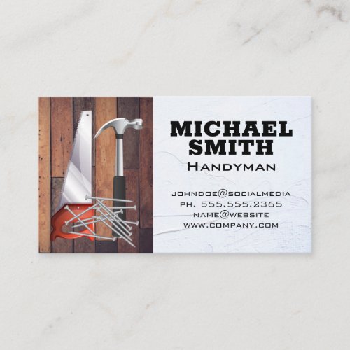 Saw Hammer and Nails  Wooden Boards Business Card