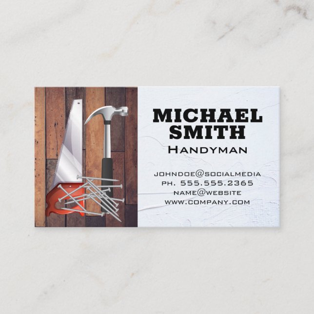 Saw Hammer and Nails | Wooden Boards Business Card (Front)