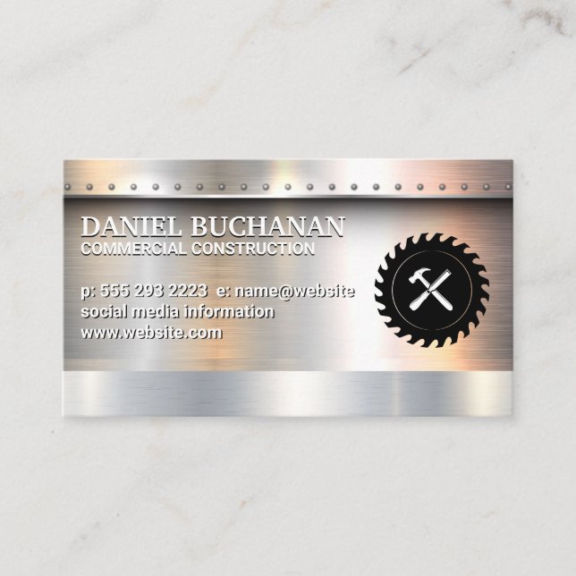 Saw Hammer | Metallic Brushed with Rivets Business Card (Front)