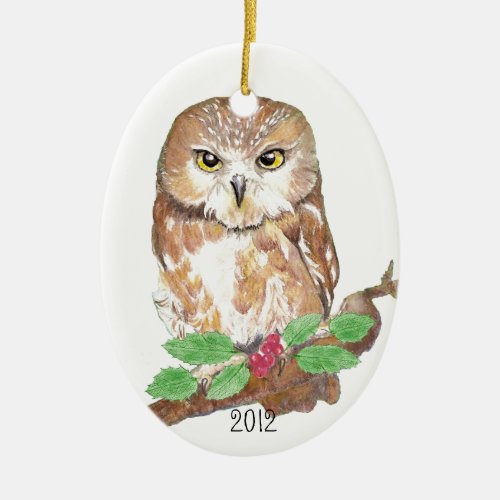 Saw Whet Owl Christmas Custom Dated Ceramic Ornament