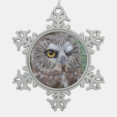 Saw_whet Owl Snowflake Pewter Christmas Ornament