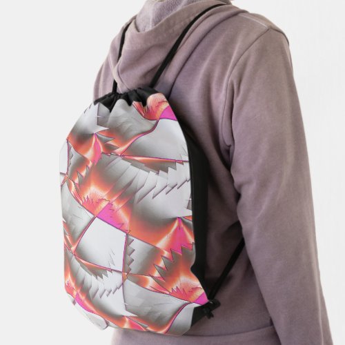 Saws or zig zag of peach to pink over gray white   drawstring bag