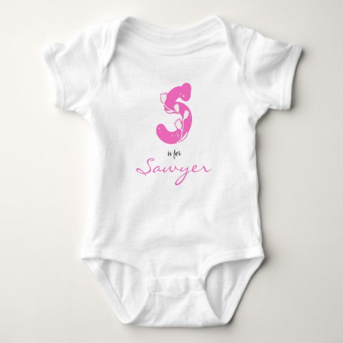Sawyer name Reveal Floral Letter S Pink Flower Baby Bodysuit