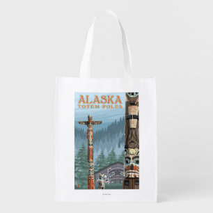 Saxman Totem Village Vintage Travel Poster Grocery Bag