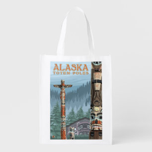 Saxman Totem Village Vintage Travel Poster Grocery Bag