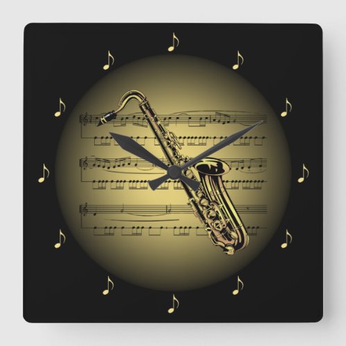 Saxophone 3_D Gold Globe  Sheet Music  Black BG Square Wall Clock