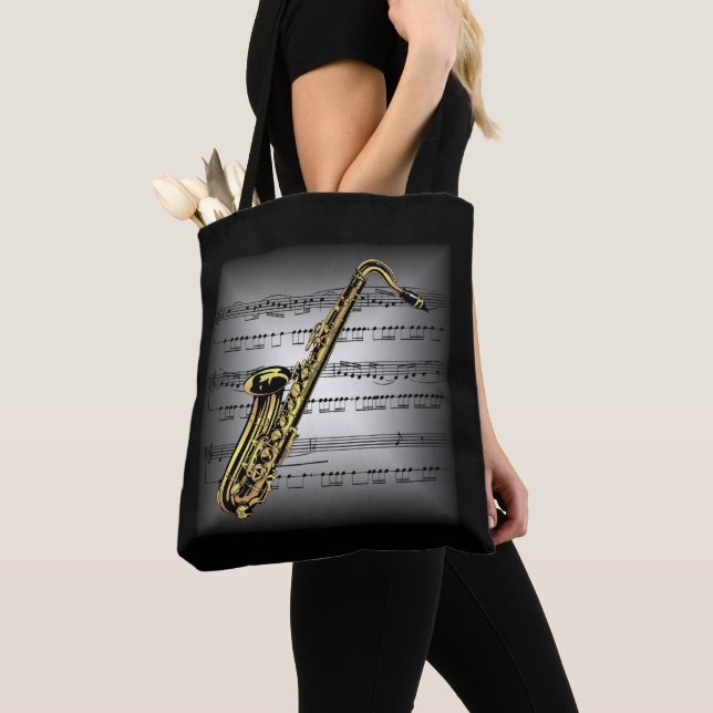Saxophone ~ 3-D Sheet Music ~ Pillow Gray/Black ~ Tote Bag (Close Up)