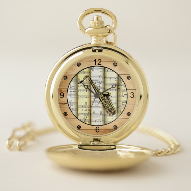 Saxophone ~ 3 Dimensional ~ Folk Art Barn Wood ~ Pocket Watch (Inside)