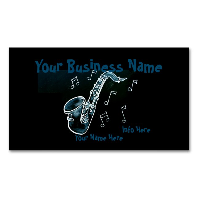 Saxophone And Music Notes Magnetic Business Card (Front)