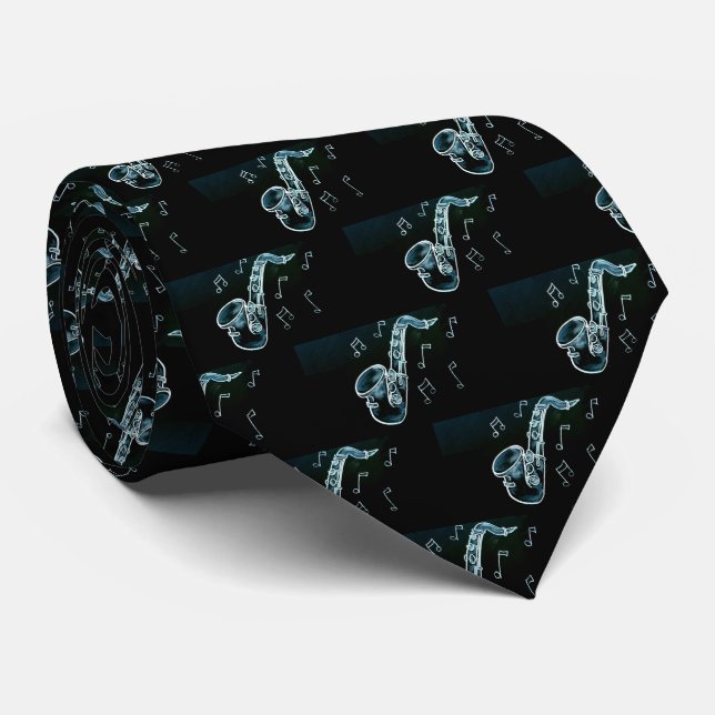 Saxophone And Music Notes Neck Tie (Rolled)