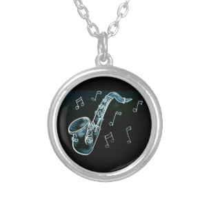 Saxophone And Music Notes Silver Plated Necklace
