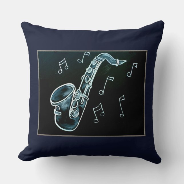 Saxophone And Music Notes Throw Pillow (Front)