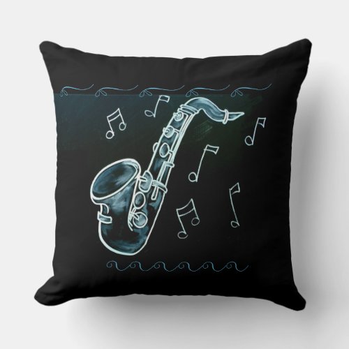 Saxophone And Music Notes Throw Pillow
