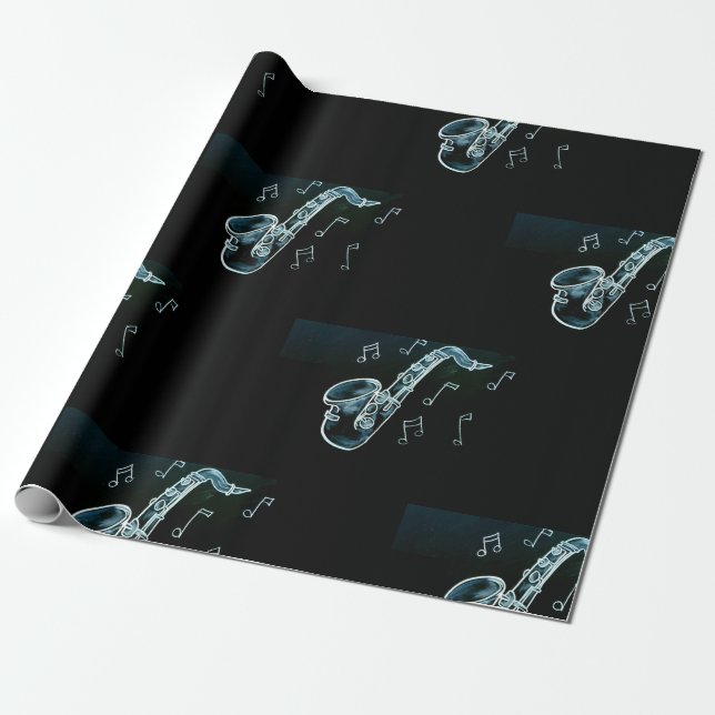 Saxophone And Music Notes Wrapping Paper (Unrolled)