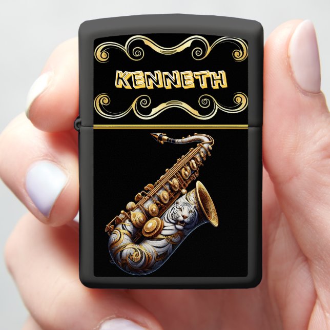 Saxophone and Tiger Art, Customizable Zippo Lighter (In Hand)