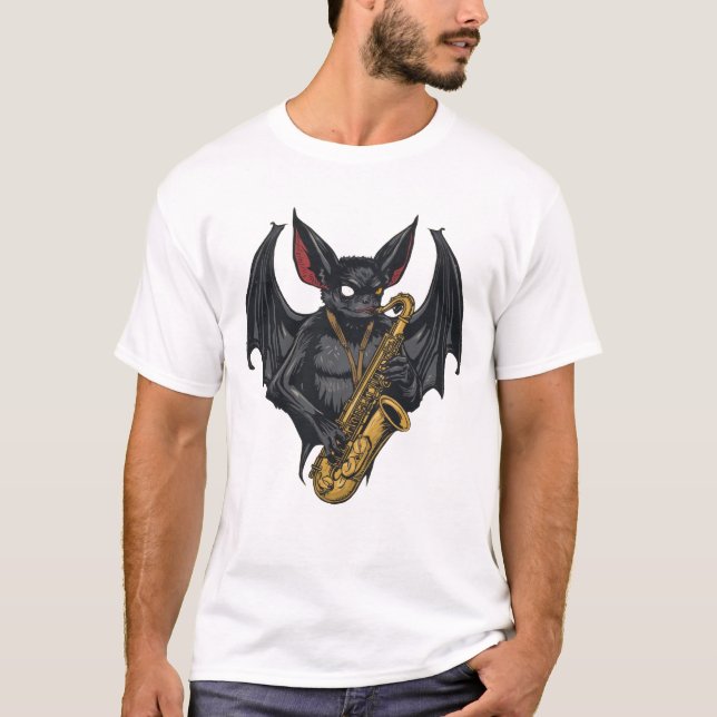 Saxophone Bat: Jazz Vibes in Dark Art T-Shirt (Front)