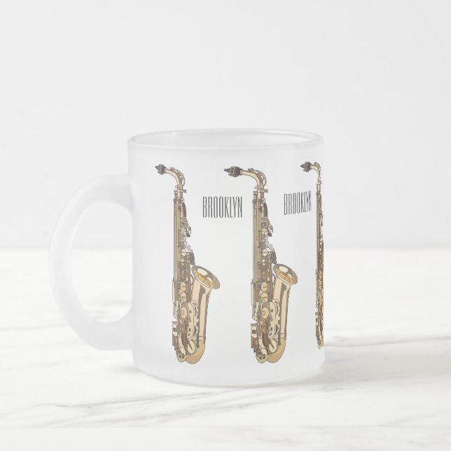 Saxophone cartoon illustration frosted glass coffee mug (Left)