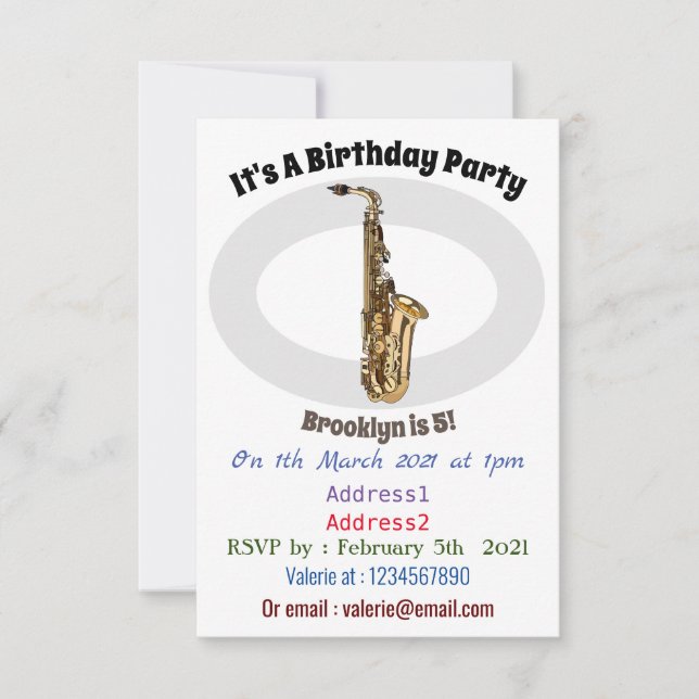 Saxophone cartoon illustration invitation (Front)