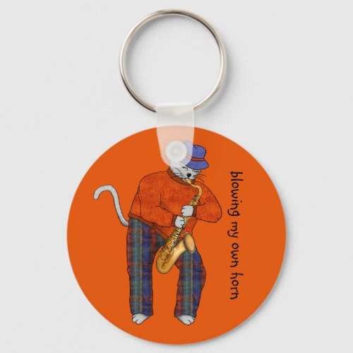 Saxophone Cat Blowing His Own Horn Keychain
