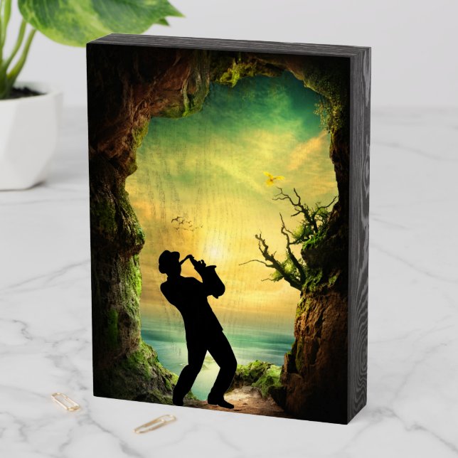 Saxophone Cave & Ocean Musicians Wooden Box Sign (In Situ Vertical)