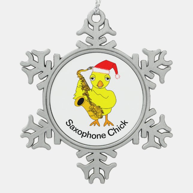 Saxophone Chick Snowflake Pewter Christmas Ornament (Front)