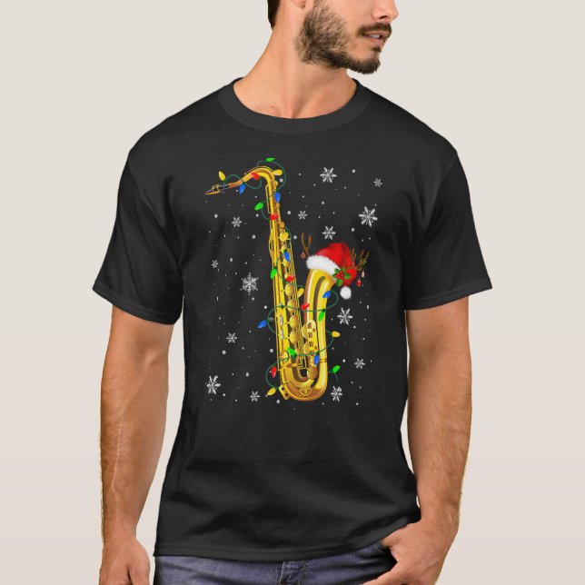 Saxophone Christmas  Music  Xmas Lights Santa T-Shirt (Front)