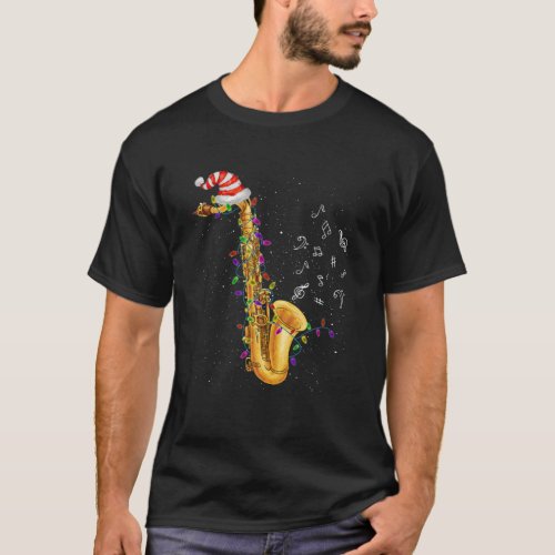Saxophone Christmas Santa Hat Lights Funny Music X T_Shirt