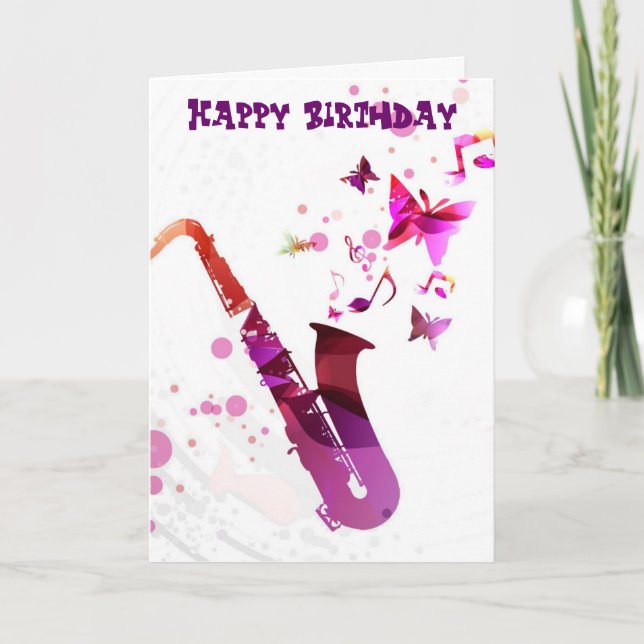 Saxophone cute music and butterflies birthday card (Front)