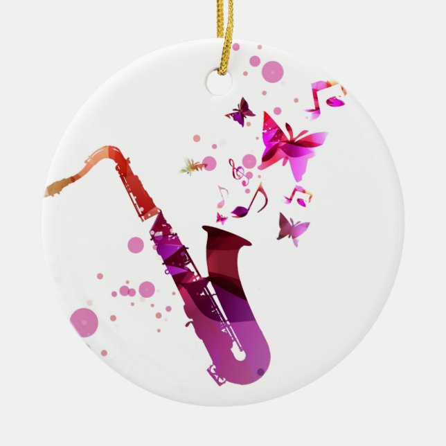 Saxophone cute music and butterflies ceramic ornament (Front)