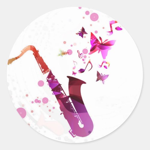 Saxophone cute music and butterflies classic round sticker