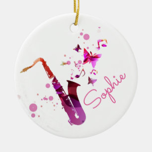 Saxophone cute music and butterflies name ceramic ornament